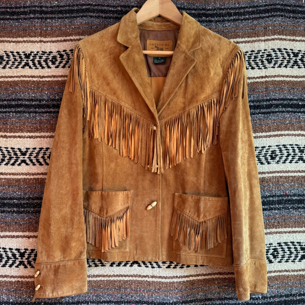 Lauren Ralph Lauren Suede Fringe Western Jacket M Tan Toggle Button Boho